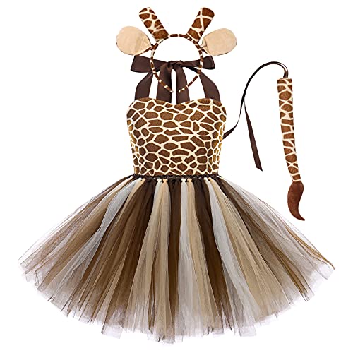 IWEMEK Kinder Baby Mädchen Milchkuh Tiger Leopard Tier Kostüm Karneval Halloween Ärmellos Tutu Prinzessinkleid + Ohr Stirnband + Schwanz Fotoshooting Outfits Bekleidungset Braun Giraffe 9-10 Jahre von IWEMEK