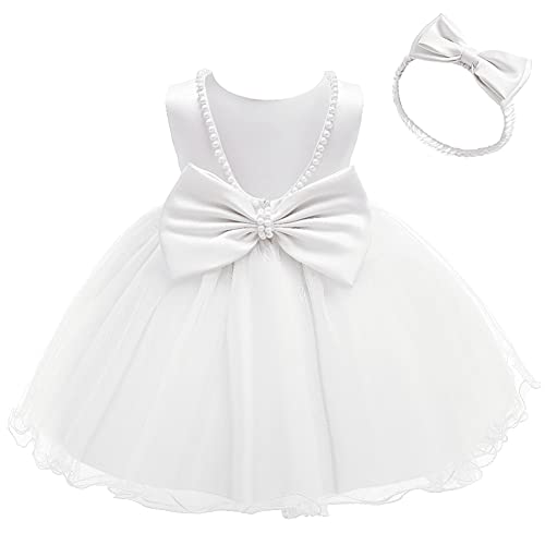 IWEMEK Kinder Baby Mädchen Perlen rückenfrei Schleife Tutu Prinzessin Kleid + Stirnband ärmellos Geburtstag Taufe Erstkommunion Kleid Blumenmädchen Brautjungfer Hochzeit Party Abschlussball Kleider, von IWEMEK