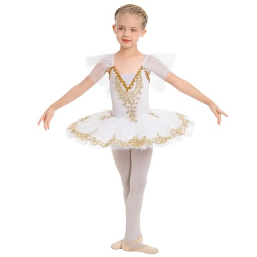 IWEMEK Kinder Ballettkleidung M�dchen Ballettkleid �rmellos Spitze Bestickte Tutu Rock Dancewear Balletttrikot Ballettanzug Gymnastik Tanzkleid wei� 4-5 Jahre von IWEMEK