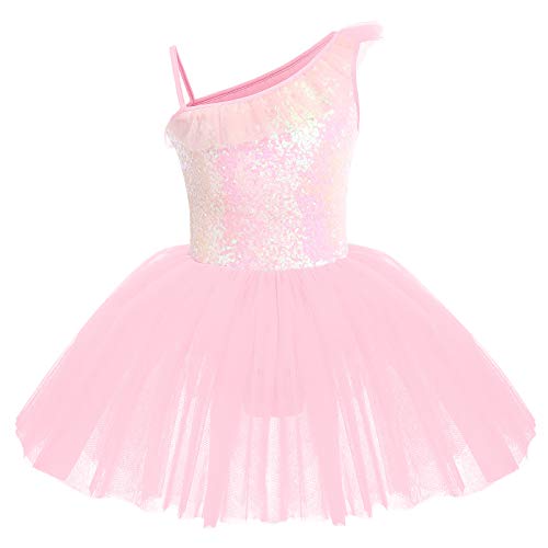 IWEMEK Kinder Ballettkleidung Mädchen Ballettkleid Ärmellos Rüsche Pailletten Balletttrikot Ballettanzug Tanzkleid Tanzbody mit Tütü Rock Ballettrock Gymnastik Tanzbekleidung Rosa 9-10 Jahre von IWEMEK