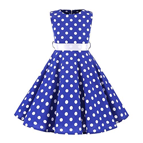 IWEMEK Kinder Mädchen 1950er Vintage Abendkleid Rockabilly Kleid Hepburn Stil Polka-Dots Blumendruck Kleid Retro Cocktailkleid Prom Knielang Faltenkleid Blau 11-12 Jahre von IWEMEK