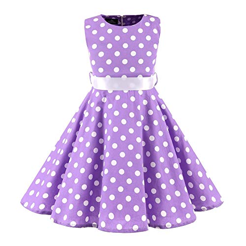 IWEMEK Kinder Mädchen 1950er Vintage Abendkleid Rockabilly Kleid Hepburn Stil Polka-Dots Blumendruck Kleid Retro Cocktailkleid Prom Knielang Faltenkleid Lila 9-10 Jahre von IWEMEK