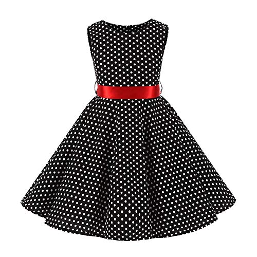 IWEMEK Kinder Mädchen 1950er Vintage Abendkleid Rockabilly Kleid Hepburn Stil Polka-Dots Blumendruck Kleid Retro Cocktailkleid Prom Knielang Faltenkleid Schwarz + Rot 11-12 Jahre von IWEMEK