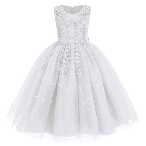 IWEMEK Kinder Mädchen Ballkleid Blumenmädchen Kleider Blumenspitze Stickerei Tüll Tutu Prinzessin Hochzeit Cocktailkleid Festzug Abendkleid Geburtstag Pailletten Glitzer Ärmellos Maxi Weiß 9-10 Jahre von IWEMEK