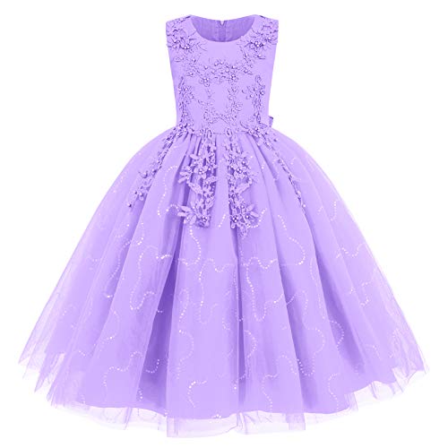 IWEMEK Kinder Mädchen Ballkleid Blumenmädchen Kleider Blumenspitze Stickerei Tüll Tutu Prinzessin Hochzeit Cocktailkleid Festzug Abendkleid Geburtstag Pailletten Glitzer Maxi Hellviolett 6-7 Jahre von IWEMEK