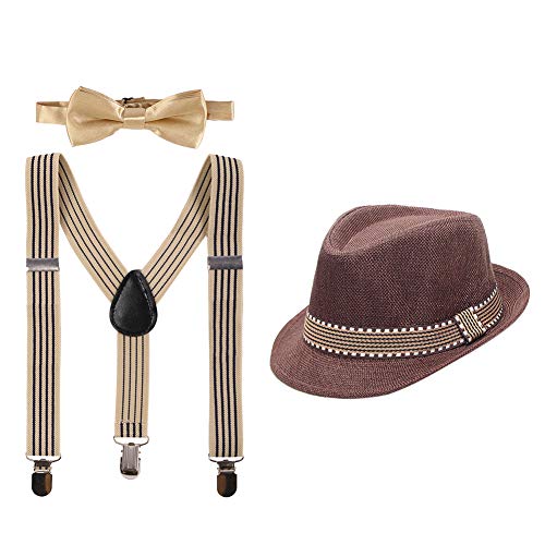 IWEMEK Kinder Y-Back verstellbare Hosenträger vorgebundene Fliege kurzer Besatz Fedora-Hut 3-teiliges Outfit für Jungen/Mädchen Gr. One size, coffee von IWEMEK