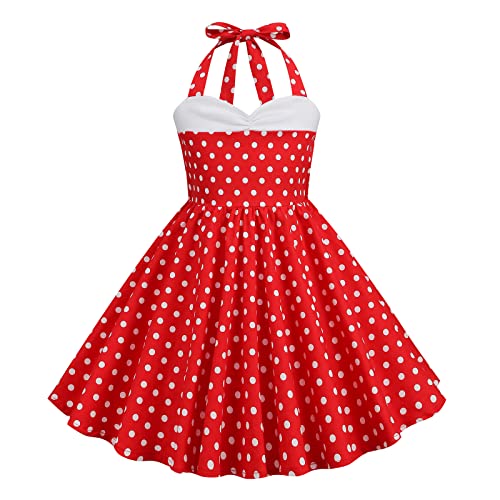 IWEMEK Kleid 50er Jahre Mädchen Vintage gepunktet Ärmellos Halter Rockabilly Kleid Blumenmädchen Brautjungfer Party Hochzeit Geburtstag Kommunion Abend Partykleider, rot, 4-5 Jahre von IWEMEK