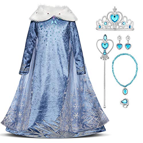 IWEMEK Kostüm Eiskönigin Kleid Prinzessin Anna Elsa Kostüm mit langem Umhang Kinder Mädchen Geburtstag Weihnachten Halloween Karneval Cosplay Party Kostüm 2-8 Jahre, 01 Set, 5-6 Jahre von IWEMEK
