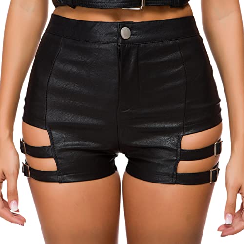 IWEMEK Kurze Lederhose Damen Schwarz High Waist PU Ledershorts Rave Pole Dance Booty Shorts Party Outfit Nachtclub Gothic Kurze Hose Lackhose Hotpants Sexy Clubwear Schwarz 04 XL von IWEMEK