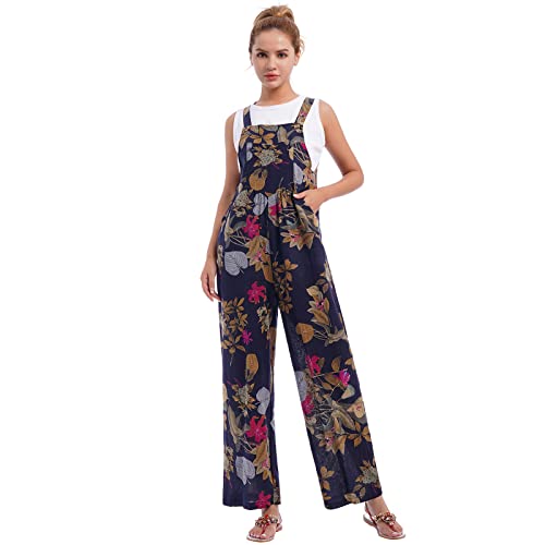 IWEMEK Leinen Overall Jumpsuit Damen Sommer Latzhose Elegant Festlich Strampler f�r Hochzeit Lang Romper �rmellos Druck Sommerhose mit Tr�ger Loose Bib Playsuit mit Taschen Schwarz S von IWEMEK