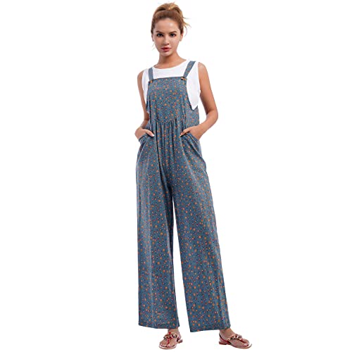 IWEMEK Leinen Overall Jumpsuit Damen Sommer Latzhose Elegant Festlich Strampler f�r Hochzeit Lang Romper �rmellos Druck Sommerhose mit Tr�ger Loose Bib Playsuit mit Taschen blau b XXL von IWEMEK
