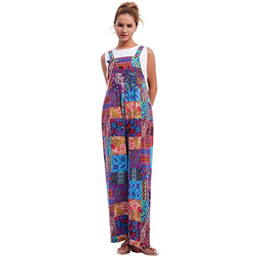 IWEMEK Leinen Overall Jumpsuit Damen Sommer Latzhose Elegant Festlich Strampler f�r Hochzeit Lang Romper �rmellos Druck Sommerhose mit Tr�ger Loose Bib Playsuit mit Taschen blau c XXL von IWEMEK