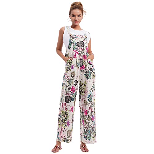 IWEMEK Leinen Overall Jumpsuit Damen Sommer Latzhose Elegant Festlich Strampler f�r Hochzeit Lang Romper �rmellos Druck Sommerhose mit Tr�ger Loose Bib Playsuit mit Taschen wei� S von IWEMEK