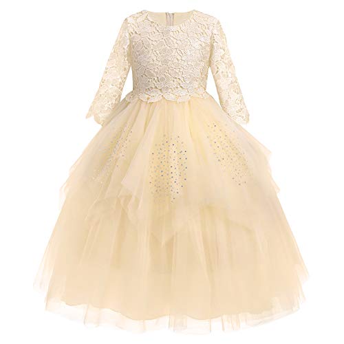 IWEMEK Mädchen 3/4 Ärmel Pailletten Rüschen Tüll Spitze Prinzessin Kleid Kinder Abendkleid Blumenmädchen Hochzeit Brautkleid Kommunionkleid Festzug Geburtstag Partykleid Ballkleid Champagner 13-14 von IWEMEK