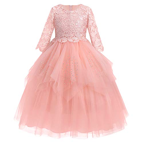 IWEMEK Mädchen 3/4 Ärmel Pailletten Rüschen Tüll Spitze Prinzessin Kleid Kinder Abendkleid Blumenmädchen Hochzeit Brautkleid Kommunionkleid Festzug Geburtstag Partykleid Ballkleid Rosa 2-3 Jahre von IWEMEK