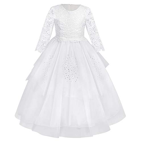 IWEMEK Mädchen 3/4 Ärmel Pailletten Rüschen Tüll Spitze Prinzessin Kleid Kinder Abendkleid Blumenmädchen Hochzeit Brautkleid Kommunionkleid Festzug Geburtstag Partykleid Ballkleid Weiß 13-14 Jahre von IWEMEK