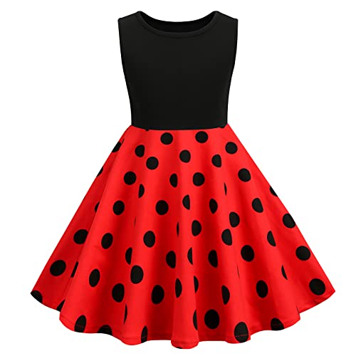 IWEMEK Mädchen 50er Jahre Kleider 1950er Vintage Polka Dots Hepburn Stil Rockabilly Kleid Festliches Partykleid Abendkleider Kommunionkleid Hochzeitskleider Sommerkleid Ärmellos - Rot 11-12 Jahre von IWEMEK