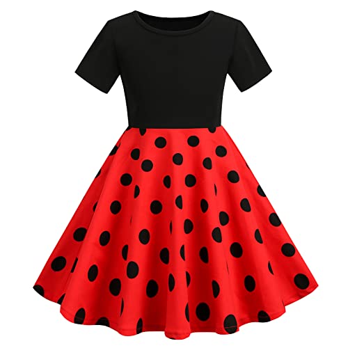 IWEMEK Mädchen 50er Jahre Kleider 1950er Vintage Polka Dots Hepburn Stil Rockabilly Kleid Festliches Partykleid Abendkleider Kommunionkleid Hochzeitskleider Sommerkleid Kurzarm - Rot 5-6 Jahre von IWEMEK