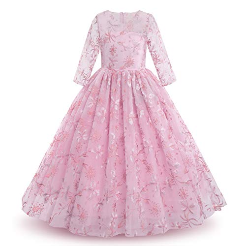 IWEMEK Mädchen Abendkleid 3/4 Ärmel Stickerei Blumen Maxi Tüllkleid Kinder Ballkleid Blumenmädchen Brautkleid Hochzeitskleider Lange Prinzessin Kleid Festlich Festzug Partykleid Bohnenrosa 9-10 Jahre von IWEMEK