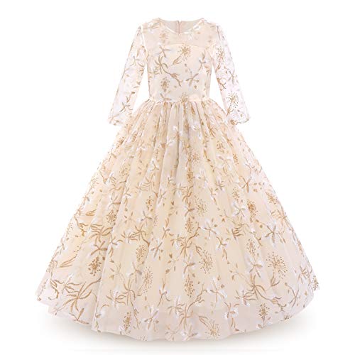 IWEMEK Mädchen Abendkleid 3/4 Ärmel Stickerei Blumen Maxi Tüllkleid Kinder Ballkleid Blumenmädchen Brautkleid Hochzeitskleider Lange Prinzessin Kleid Festlich Festzug Partykleid Champagner 7-8 Jahre von IWEMEK