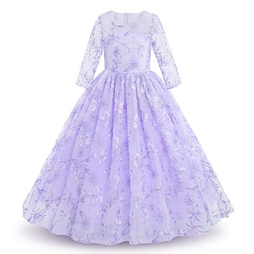 IWEMEK Mädchen Abendkleid 3/4 Ärmel Stickerei Blumen Maxi Tüllkleid Kinder Ballkleid Blumenmädchen Brautkleid Hochzeitskleider Prinzessin Kleid Festlich Festzug Partykleid Helles Lila 7-8 Jahre von IWEMEK