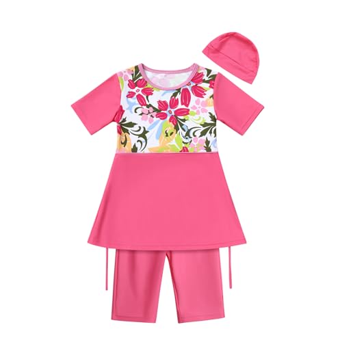 IWEMEK Mädchen Badeanzug UV Schutz 50+ Sonnenschutz Muslimische Islamische Bademode Langarm Oberteil Hijab Mütze + Hose Tauchanzug Bescheidener Neoprenanzug Schwimmen 2-teilig #Kurz Rosa 5-6 Jahre von IWEMEK