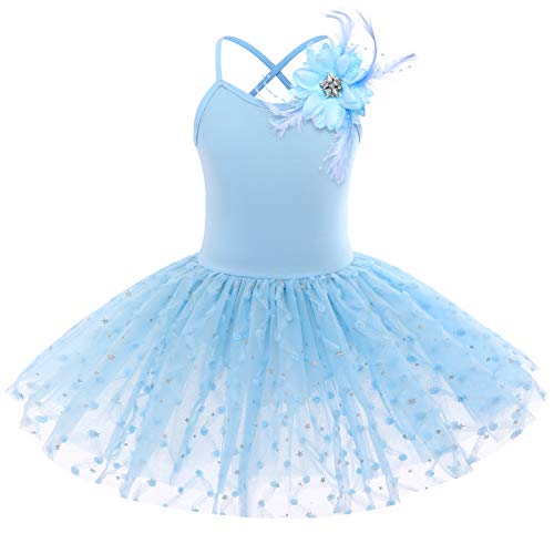 IWEMEK Mädchen Ballettkleid Ärmellos Kreuz zurück Spaghettiträger Balletttrikot Tanzbody Tütü Rock mit Blumenbrosche Kinder Ballettanzug Tanzkleid Gymnastik Tanzbekleidung #A: Blau 7-8 Years von IWEMEK