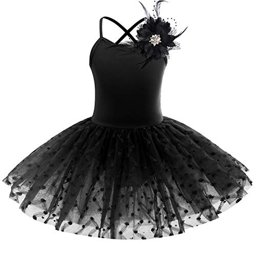 IWEMEK Mädchen Ballettkleid Ärmellos Kreuz zurück Spaghettiträger Balletttrikot Tanzbody Tütü Rock mit Blumenbrosche Kinder Ballettanzug Tanzkleid Gymnastik Tanzbekleidung #A: Schwarz 9-10 Years von IWEMEK