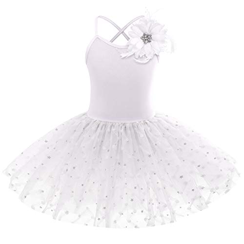 IWEMEK Mädchen Ballettkleid Ärmellos Kreuz zurück Spaghettiträger Balletttrikot Tanzbody Tütü Rock mit Blumenbrosche Kinder Ballettanzug Tanzkleid Gymnastik Tanzbekleidung #A: Weiß 7-8 Years von IWEMEK