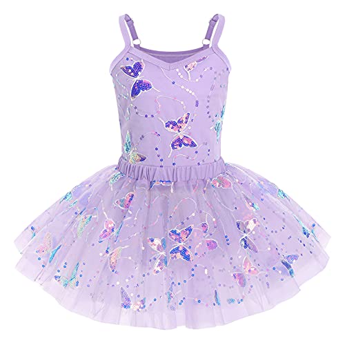 IWEMEK Mädchen Ballettkleid Ärmellos Pailletten Schmetterling Balletttrikot Ballettanzug Tanzkleid Tanzbody Top mit Tütü Rock Ballettrock 2tlg Kinder Ballettkleidung Gymnastik Violett 5-6 Years von IWEMEK