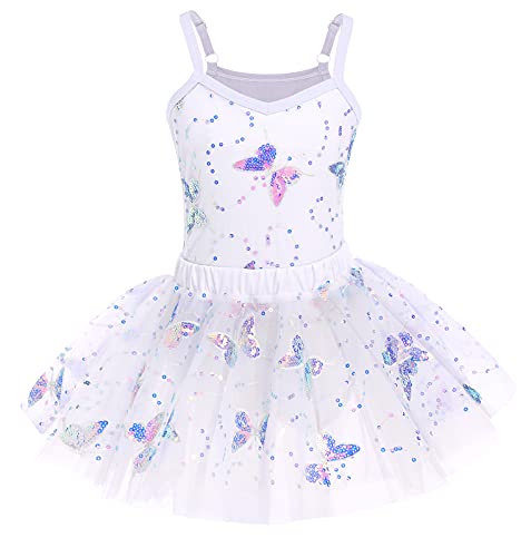 IWEMEK Mädchen Ballettkleid Ärmellos Pailletten Schmetterling Balletttrikot Ballettanzug Tanzkleid Tanzbody Top mit Tütü Rock Ballettrock 2tlg Kinder Ballettkleidung Gymnastik Weiß 5-6 Years von IWEMEK