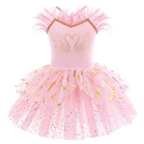 IWEMEK Mädchen Ballettkleid Ärmellos Pailletten Schwan Rückenfrei Balletttrikot Ballettanzug Kinder Tanzkleid Federn Rüschen Tütü Rock Gymnastik Ballerina Tanzbekleidung Rosa + Feder 7-8 Jahre von IWEMEK