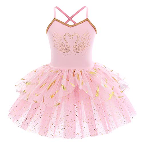 IWEMEK Mädchen Ballettkleid Ärmellos Pailletten Schwan Rückenfrei Balletttrikot Ballettanzug Kinder Tanzkleid Tanzbody Federn Rüschen Tütü Rock Gymnastik Ballerina Tanzbekleidung Rosa 7-8 Jahre von IWEMEK