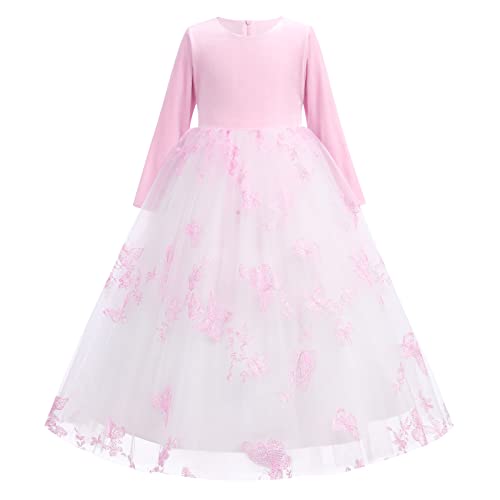 IWEMEK Mädchen Brautjungfer Kleider Blumenmädchen Hochzeitskleid Kommunionskleid Maxi Langarm Samt Tulle Prinzessinkleid Partykleid Geburtstagstag Abendkleid Ballkleid #C: Rosa 9-10 Jahre von IWEMEK