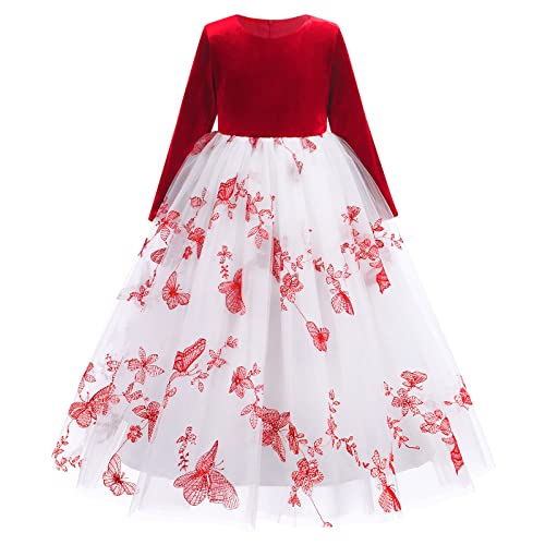 IWEMEK Mädchen Brautjungfer Kleider Blumenmädchen Hochzeitskleid Kommunionskleid Maxi Langarm Samt Tulle Prinzessinkleid Partykleid Geburtstagstag Abendkleid Ballkleid #C: Rot 13-14 Jahre von IWEMEK