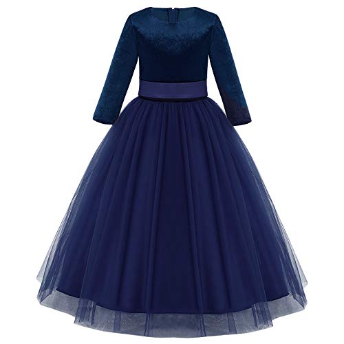 IWEMEK Mädchen Brautjungfer Kleider Blumenmädchen Hochzeitskleid Kommunionskleid Maxi Lange Samt Tulle 3/4 Ärmel Prinzessinkleid Partykleid Geburtstagstag Abendkleid Ballkleid #A: Navy blau 11-12 von IWEMEK