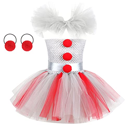 IWEMEK Mädchen Clown Kostüm Kinder Gestrickte Tüll Tutu Kleid + Haarring Stirnband Halloween Kostüm Gruselig Karneval Kostüme Weihnachten Festzug Party Outfits für Kinder Grau + Rot 4-5 Jahre von IWEMEK