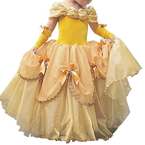 IWEMEK Mädchen Cosplay Kleid Die Schöne und das Biest Prinzessin Kostüm Kinder Off Schulter Karneval Bell Partykleid Märchen Geburtstag Halloween Faschingskostüm Festkleid Fancy Dress Up Gelb 6-7 von IWEMEK
