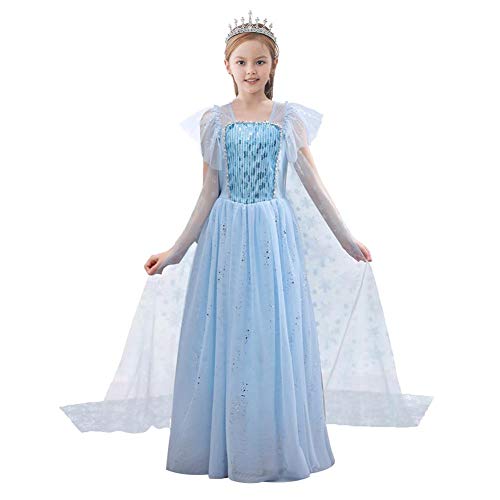 IWEMEK Mädchen Eiskönigin Kostüm ELSA Kleid mit Schneeflocke Umhang Pailletten Schneekönigin Prinzessinkleid Weihnachten Halloween Karneval Fasching Verkleidung Partykleid Kinder Blau 6-7 Jahre von IWEMEK