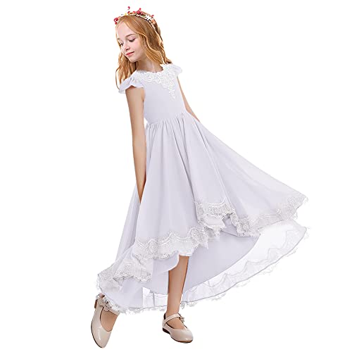 IWEMEK Mädchen Flügelärmel Chiffon Spitze Partykleid Stickerei Blumenmädchen Hochzeits Kommunionskleid High-Low GeburtstagsFormelle Kommunions Zeremonie Tanz Abendkleid Weiß 11-12 Jahre von IWEMEK