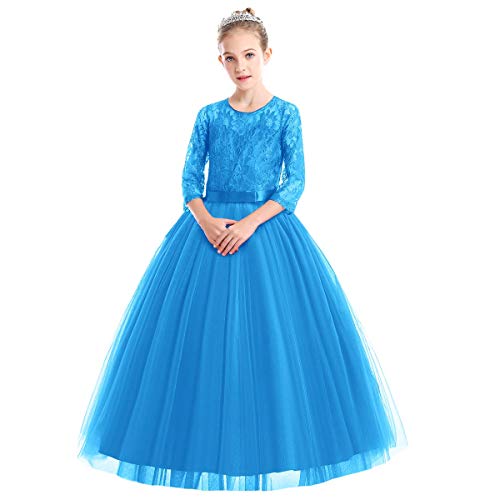 IWEMEK Mädchen Kinder 3/4 Arm Spitze Tüll Hochzeit Kleid Prinzessin Festzug Kleider Erstkommunion Kleid Stickerei Weihnachten Karneval Abschlussball Ballkleid Schatz Hals Blau von IWEMEK