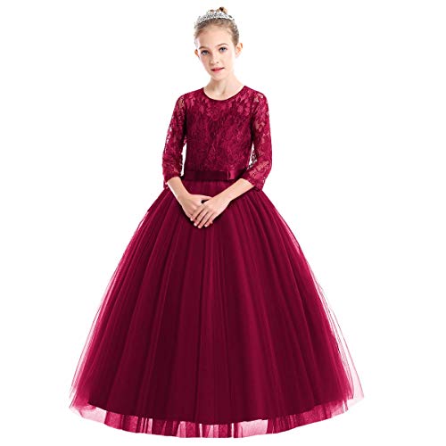 IWEMEK Mädchen Kinder 3/4 Arm Spitze Tüll Hochzeit Kleid Prinzessin Festzug Kleider Erstkommunion Kleid Stickerei Weihnachten Karneval Abschlussball Ballkleid Schatz Hals Burgund von IWEMEK