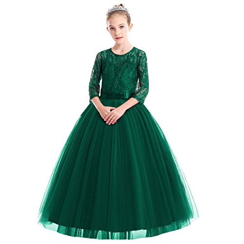 IWEMEK Mädchen Kinder 3/4 Arm Spitze Tüll Hochzeit Kleid Prinzessin Festzug Kleider Erstkommunion Kleid Stickerei Weihnachten Karneval Abschlussball Ballkleid Schatz Hals Grün von IWEMEK