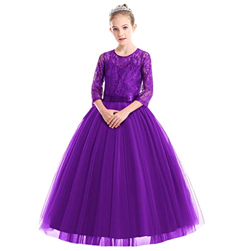 IWEMEK Mädchen Kinder 3/4 Arm Spitze Tüll Hochzeit Kleid Prinzessin Festzug Kleider Erstkommunion Kleid Stickerei Weihnachten Karneval Abschlussball Ballkleid Schatz Hals Lila von IWEMEK