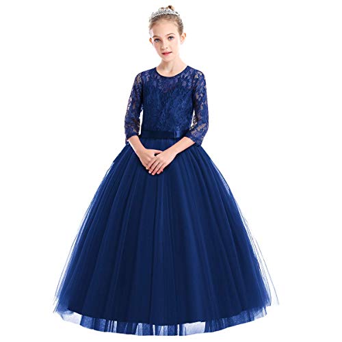 IWEMEK Mädchen Kinder 3/4 Arm Spitze Tüll Hochzeit Kleid Prinzessin Festzug Kleider Erstkommunion Kleid Stickerei Weihnachten Karneval Abschlussball Ballkleid Schatz Hals Navy Blau von IWEMEK