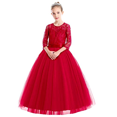 IWEMEK Mädchen Kinder 3/4 Arm Spitze Tüll Hochzeit Kleid Prinzessin Festzug Kleider Erstkommunion Kleid Stickerei Weihnachten Karneval Abschlussball Ballkleid Schatz Hals Rot von IWEMEK