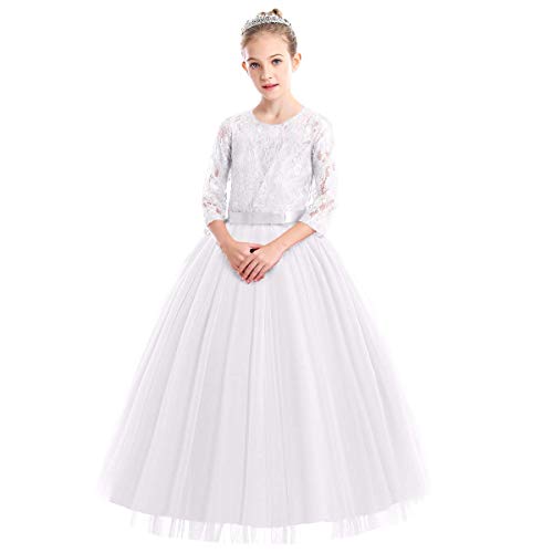 Mädchen Kinder 3/4 Arm Spitze Tüll Hochzeit Kleid Prinzessin Festzug Kleider Erstkommunion Kleid Stickerei Weihnachten Karneval Abschlussball Ballkleid Schatz Hals Weiß von IWEMEK