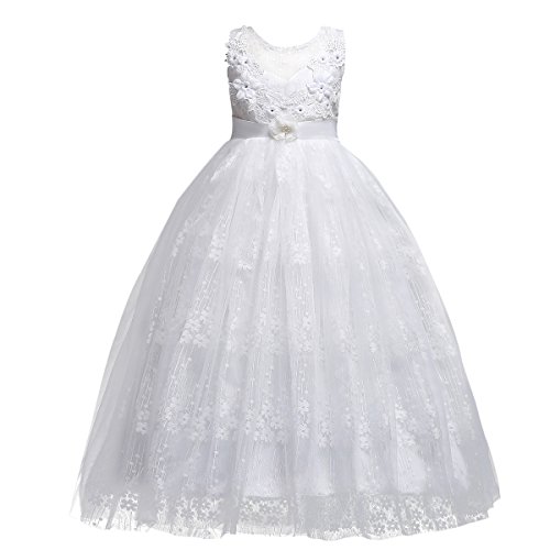 IWEMEK Mädchen Kinder Mit Kleider Blumenmädchenkleider Hochzeitskleid Maxikleid Festlich Brautjungfern Kleid Prinzessin Hochzeit Abendkleid Party Maxi Kleid Gestickt Festzug Cocktailkleid Weiß 14-15 von IWEMEK