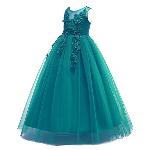 IWEMEK Mädchen Kinder Tüll Blume Kleider Blumenmädchenkleider Hochzeitskleid Brautjungfern Kleid Prinzessin Hochzeit Abendkleid Geburtstag Langes Kleid Festzug Cocktailkleid Ballkleid Grün 15-16 von IWEMEK