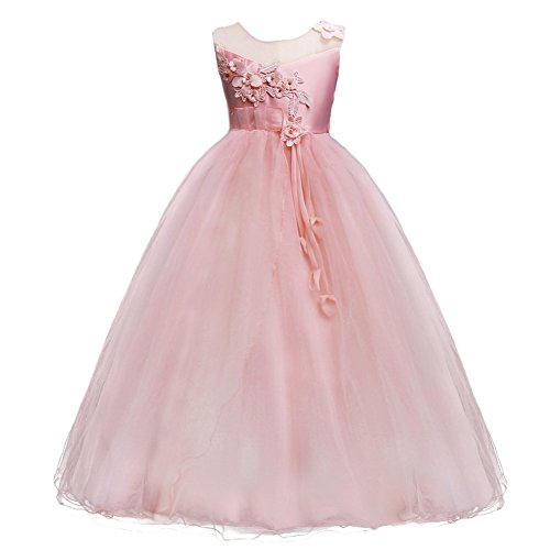 IWEMEK Mädchen Kinder Tüll Blume Kleider Blumenmädchenkleider Hochzeitskleid Brautjungfern Kleid Prinzessin Hochzeit Abendkleid Geburtstag Langes Kleid Festzug Cocktailkleid Ballkleid Rosa von IWEMEK